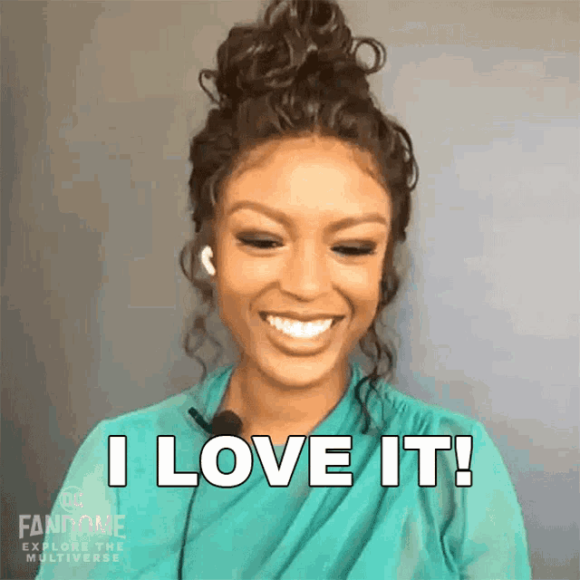 a woman is smiling and says i love it