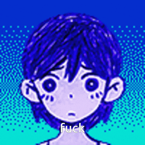 a pixel art drawing of a boy with blue hair and the words `` fuck '' on the bottom .