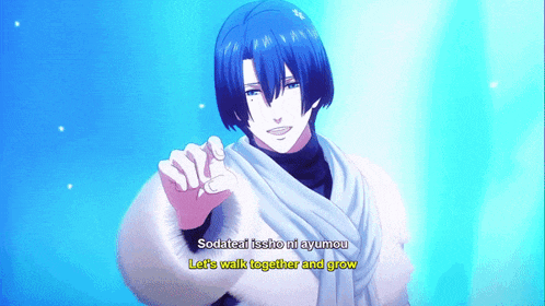 a blue haired anime character says let 's walk together and grow while wearing a white fur coat