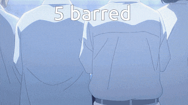 a group of people standing in a room with the words 5 barred
