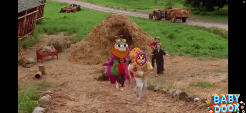 a group of cartoon characters are running in a field with the words baby door written on the bottom