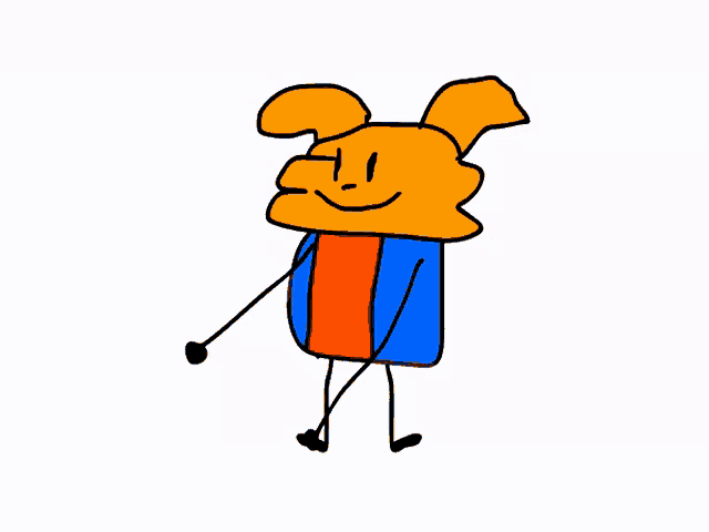 a cartoon character with orange ears and a blue and red shirt on