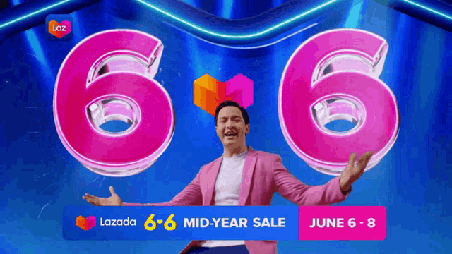 a man in a pink jacket stands in front of a lazada 6 mid-year sale banner