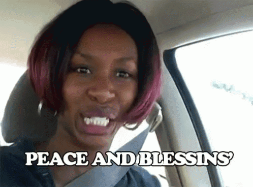 a woman is sitting in a car with the words peace and blessings above her