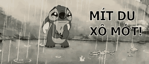 a black and white cartoon of stitch crying in the rain