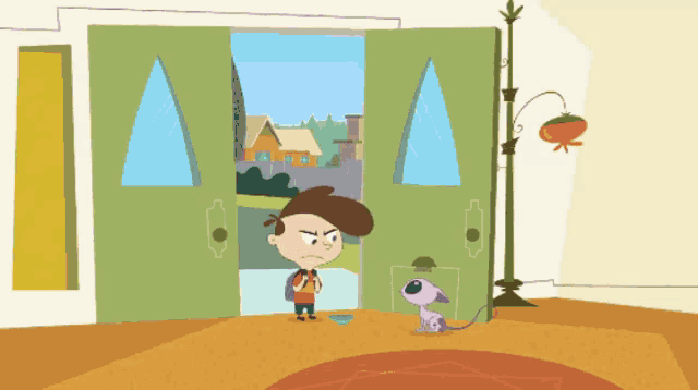 a cartoon of a boy standing in front of a green door