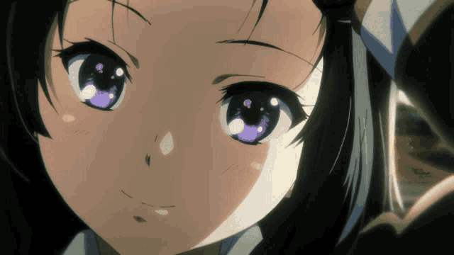 a close up of a anime girl with purple eyes