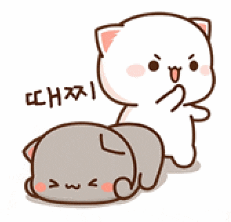 a white cat is standing next to a gray cat with chinese writing on it