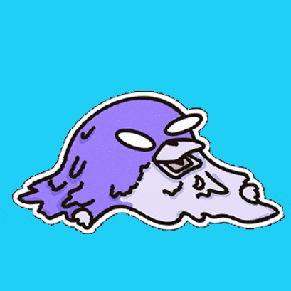 a cartoon drawing of a purple and white bird with a blue background