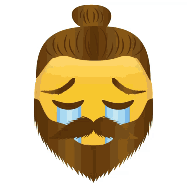 a bearded man with a bun and mustache is crying