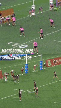 a group of rugby players are running on a field in front of an order online sign