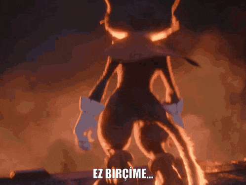a cartoon character is standing in front of a fire and says " ez bircimi "