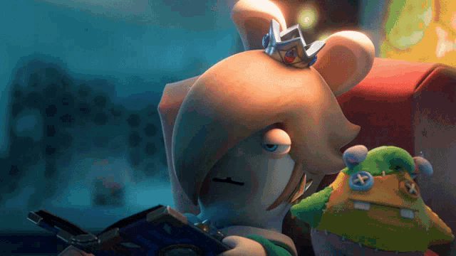 a cartoon character reading a book next to a stuffed toy