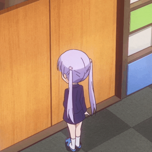 a girl with purple hair is standing next to a wooden door
