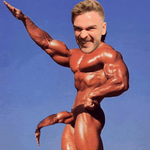 a very muscular man with his arms outstretched and a blue sky behind him