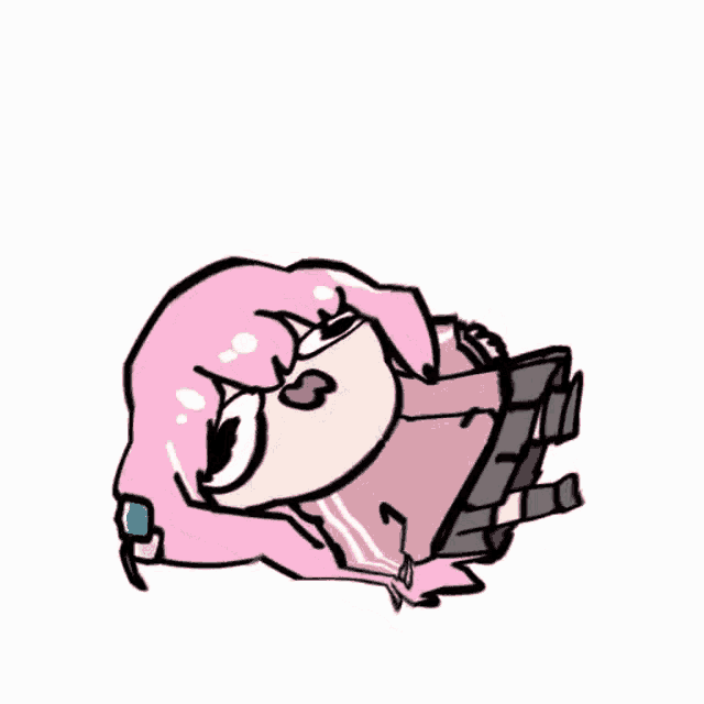 a cartoon girl with pink hair is laying on the floor with her mouth open .