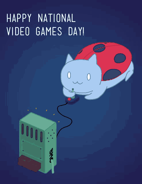 a ladybug playing a video game with the words happy national video games day below it