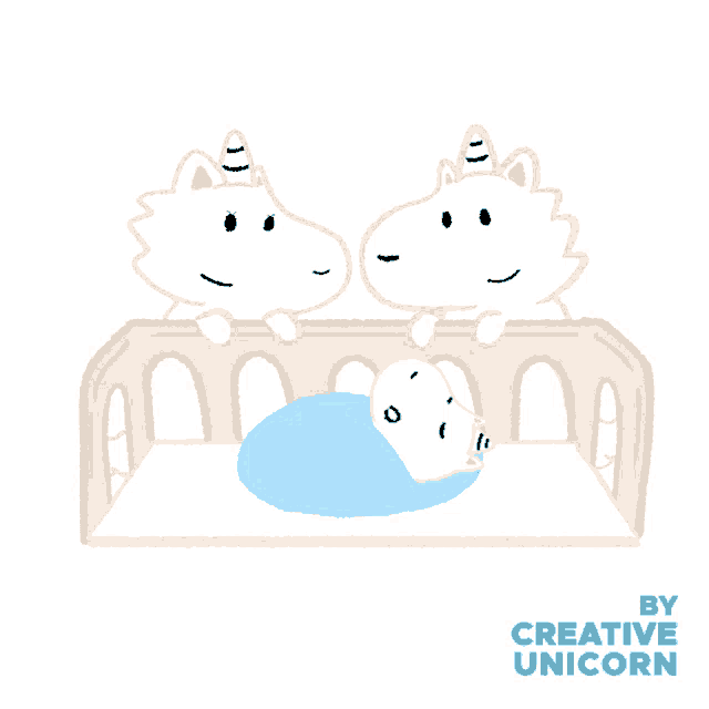 a baby is sleeping in a crib with two unicorns standing next to it