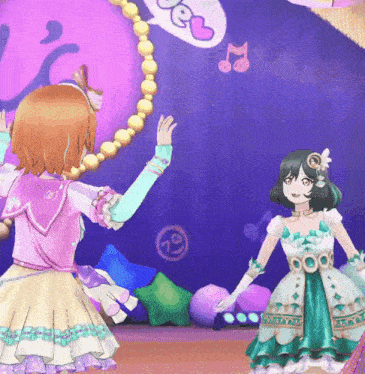 two anime girls are dancing in front of a purple curtain with a heart on it