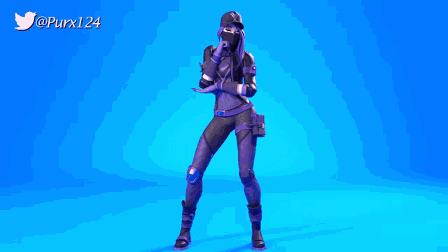 a video game character is standing in front of a blue background with the twitter username purx124
