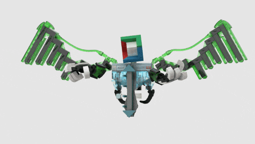 a robot with green wings and a cube on top of it