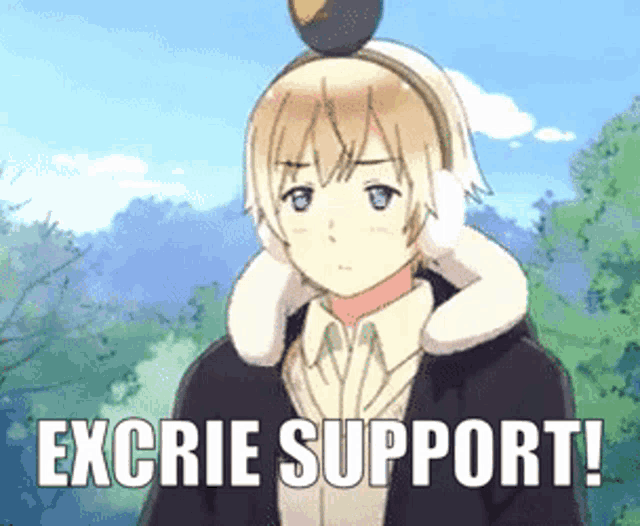 a cartoon character says " excrie support " on the bottom