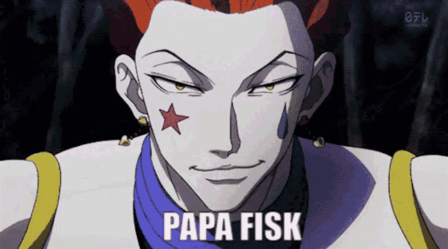 a cartoon character with a red star on his forehead and the word papa fisk on the bottom