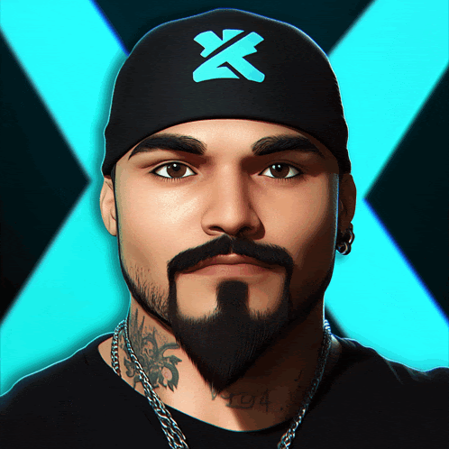 a man with a beard wears a black beanie with a blue x on it
