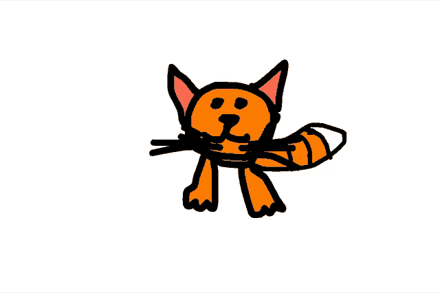 a drawing of an orange cat with a pink ear and tail