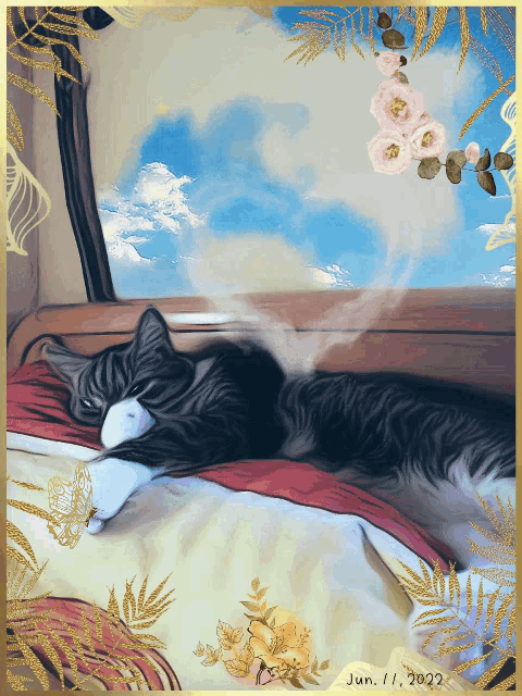a painting of a cat sleeping with the date june 11, 2022