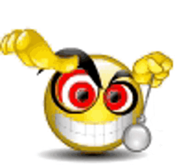 a yellow smiley face with red eyes is holding a fist and a spoon .