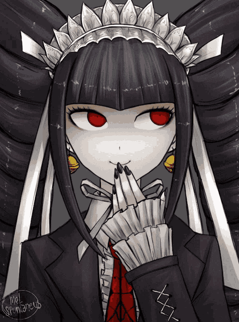 a drawing of a girl with red eyes has the name mel written on the bottom right
