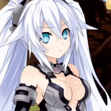 a girl with white hair and blue eyes looks angry