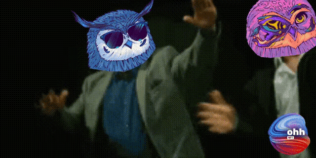 a man in a suit has an owl on his head and another man has an owl on his head
