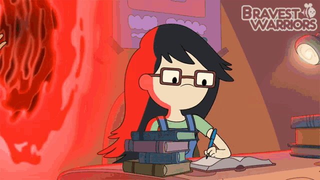 a cartoon of a girl sitting at a desk with books and the words bravest warriors on the bottom