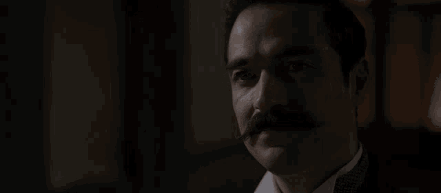 a man with a mustache is looking up at the camera in a dark room .