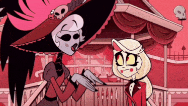 a couple of cartoon characters standing next to each other with one wearing a hat with skulls on it