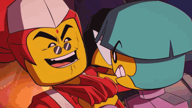 a cartoon drawing of two lego figures with one wearing a red cape