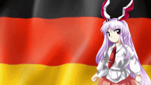 a girl with horns standing in front of a german flag