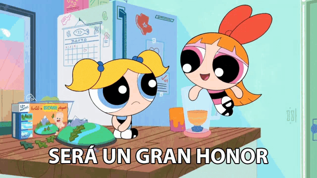 bubbles and blossom from the powerpuff girls are on a table