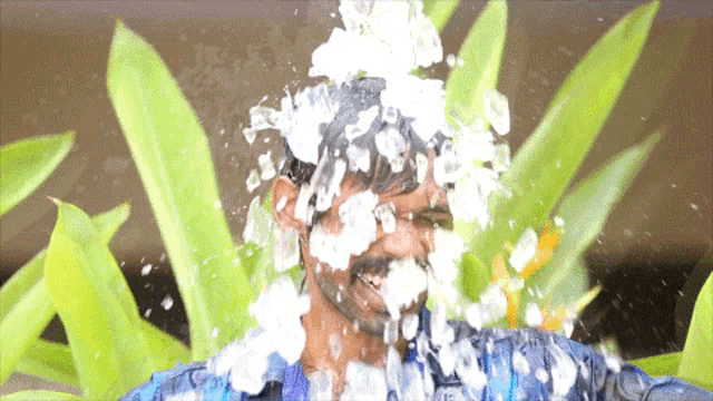 a man in a blue shirt is covered in water