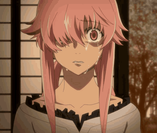 a girl with pink hair has a tear running down her face