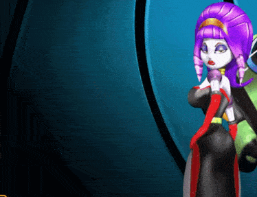 a cartoon character with purple hair and red gloves holds a microphone