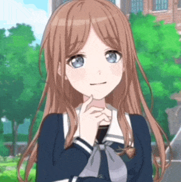 a girl with long brown hair and blue eyes is standing in front of a brick building
