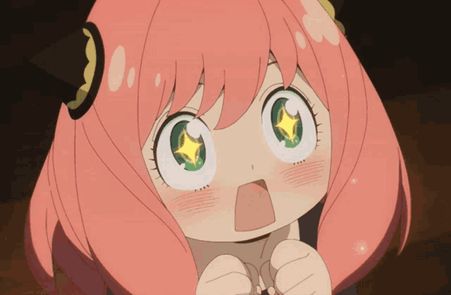 a little girl with pink hair and green eyes has a star in her eyes