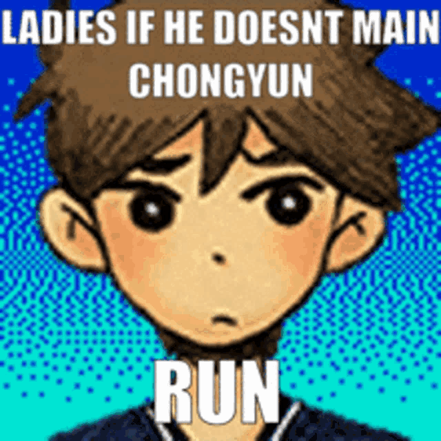 a cartoon of a boy with the words " ladies if he doesn t main chongyun run "