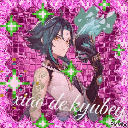 a picture of xiao de kyubey is surrounded by pink squares