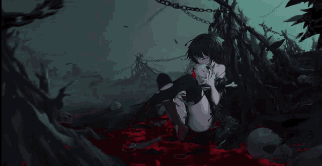 a girl is chained to a tree and surrounded by skulls and chains