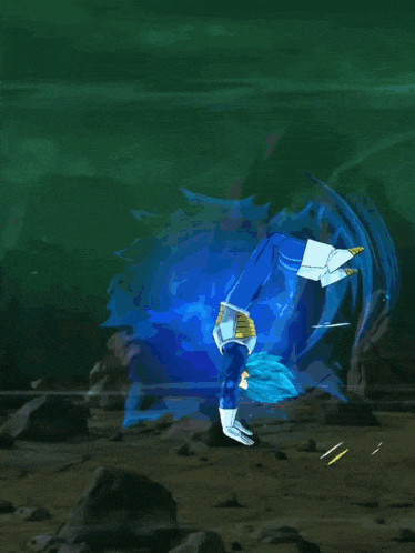 a cartoon character with blue hair is being struck by purple lightning