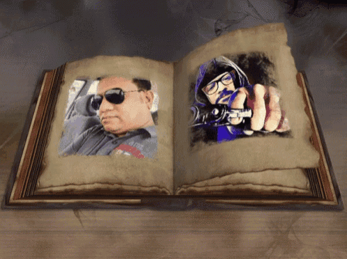 an open book with a picture of a man wearing sunglasses